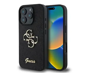 Guess PU Fixed Glitter 4G Metal Logo Zadní Kryt pro Apple iPhone 16 Pro Max černá