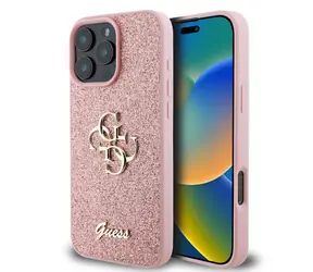 Guess PU Fixed Glitter 4G Metal Logo Zadní Kryt pro Apple iPhone 16 Pro Max růžová