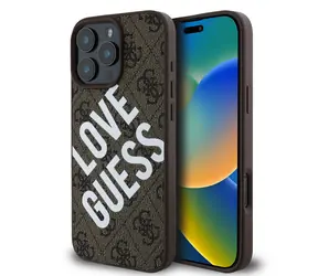 Guess PU Leather 4G Big Love Logo MagSafe Zadní Kryt pro Apple iPhone 16 Pro hnědá