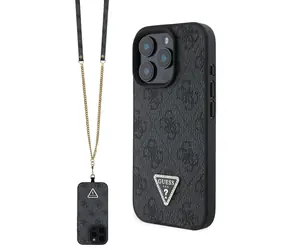 Guess PU 4G Strass Triangle Metal Logo Zadní Kryt + Crossbody Popruh pro Apple iPhone 16 Pro černá