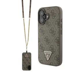 Guess PU 4G Strass Triangle Metal Logo Zadní Kryt + Crossbody Popruh pro Apple iPhone 16 hnědá