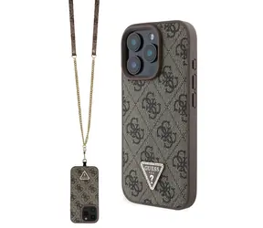 Guess PU 4G Strass Triangle Metal Logo Zadní Kryt + Crossbody Popruh pro Apple iPhone 16 Pro hnědá
