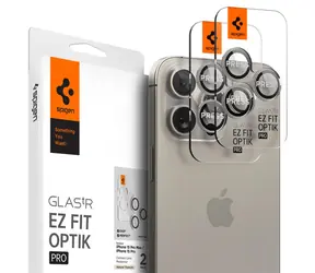 Spigen Glass tR EZ Fit Optik Pro Ochranná skla čoček fotoaparátů pro Apple iPhone 15 Pro/15 Pro Max přírodní titan 2ks