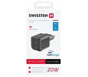 SWISSTEN Síťový adaptér GaN 2x USB-C 20W černá / PD