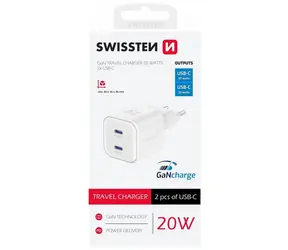 SWISSTEN Síťový adaptér GaN 2x USB-C 20W bílá / PD