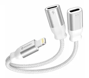 SWISSTEN TEXTILE Nabíjecí audio adaptér Lightning (M) - 2x Lightning (F) 0.12m bílá