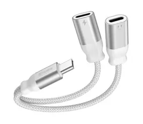 SWISSTEN TEXTILE Nabíjecí audio adaptér USB-C (M) - 2x USB-C (F) 0.12m bílá