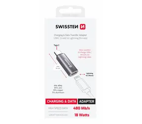 SWISSTEN TEXTILE OTG adaptér USB-C (M) - Lightning (F) stříbrná