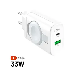 FIXED Síťová nabíječka Power Socket s USB-A a USB-C výstupem a vyklápěcí nabíječkou pro Apple Watch 33W bílá