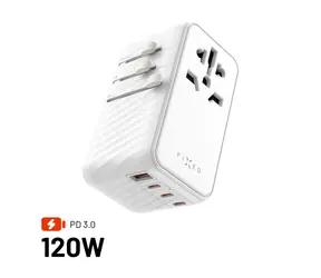FIXED Cestovní adaptér Voyager 120W pro EU UK a USA/AUS s 3xUSB-C a 1xUSB výstupem GaN PD 120W bílý