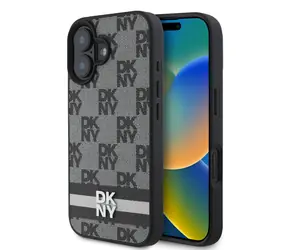 DKNY PU Leather Checkered Pattern and Stripe Zadní Kryt pro Apple iPhone 16 černá