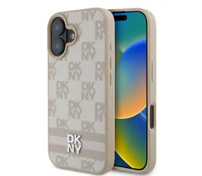 DKNY PU Leather Checkered Pattern and Stripe Zadní Kryt pro Apple iPhone 16 růžová