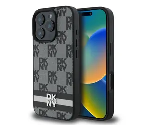 DKNY PU Leather Checkered Pattern and Stripe Zadní Kryt pro Apple iPhone 16 Pro černá