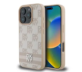 DKNY PU Leather Checkered Pattern and Stripe Zadní Kryt pro Apple iPhone 16 Pro Max růžová