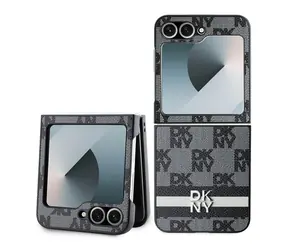 DKNY PU Leather Checkered Pattern and Stripe Zadní Kryt pro Samsung Galaxy Z Flip 6 černá