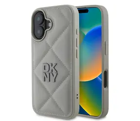 DKNY PU Leather Quilted Stack Logo Zadní Kryt pro Apple iPhone 16 šedá