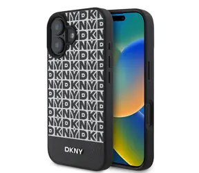 DKNY PU Leather Repeat Pattern Bottom Stripe MagSafe Zadní Kryt pro Apple iPhone 16 černá