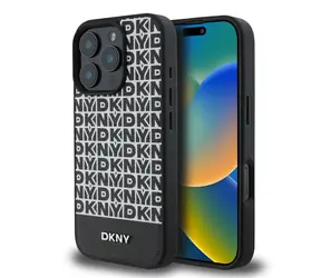 DKNY PU Leather Repeat Pattern Bottom Stripe MagSafe Zadní Kryt pro Apple iPhone 16 Pro Max černá