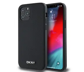 DKNY PU Leather Silver Metal Logo Magsafe Zadní Kryt pro Apple iPhone 12/12 Pro černá