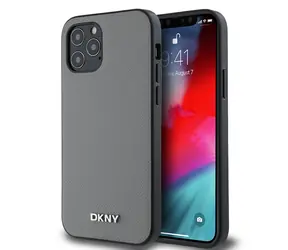 DKNY PU Leather Silver Metal Logo Magsafe Zadní Kryt pro Apple iPhone 12/12 Pro šedá