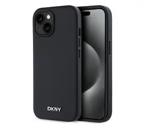 DKNY PU Leather Silver Metal Logo Magsafe Zadní Kryt pro Apple iPhone 14 černá
