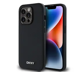 DKNY PU Leather Silver Metal Logo Magsafe Zadní Kryt pro Apple iPhone 14 Pro Max černá