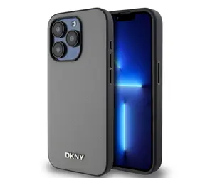 DKNY PU Leather Silver Metal Logo Magsafe Zadní Kryt pro Apple iPhone 14 Pro Max šedá