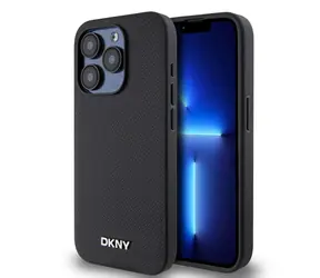 DKNY PU Leather Silver Metal Logo Magsafe Zadní Kryt pro Apple iPhone 15 Pro černá