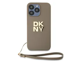 DKNY PU Leather Stack Logo Wrist Strap Zadní Kryt pro Apple iPhone 14 Pro Max béžová