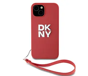 DKNY PU Leather Stack Logo Wrist Strap Zadní Kryt pro Apple iPhone 14 červená