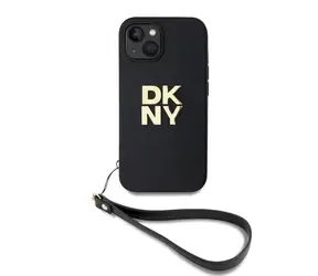 DKNY PU Leather Stack Logo Wrist Strap Zadní Kryt pro Apple iPhone 15 černá