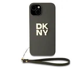 DKNY PU Leather Stack Logo Wrist Strap Zadní Kryt pro Apple iPhone 15 hnědá