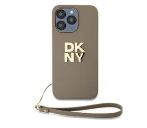 DKNY PU Leather Stack Logo Wrist Strap Zadní Kryt pro Apple iPhone 15 Pro béžová