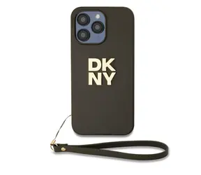 DKNY PU Leather Stack Logo Wrist Strap Zadní Kryt pro Apple iPhone 15 Pro hnědá