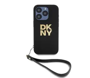 DKNY PU Leather Stack Logo Wrist Strap Zadní Kryt pro Apple iPhone 15 Pro Max černá