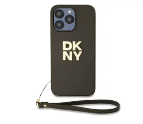 DKNY PU Leather Stack Logo Wrist Strap Zadní Kryt pro Apple iPhone 15 Pro Max hnědá