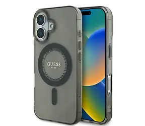 Guess IML Rhinestones Ring MagSafe Zadní Kryt pro Apple iPhone 16 černá