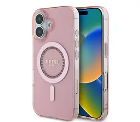 Guess IML Rhinestones Ring MagSafe Zadní Kryt pro Apple iPhone 16 růžová