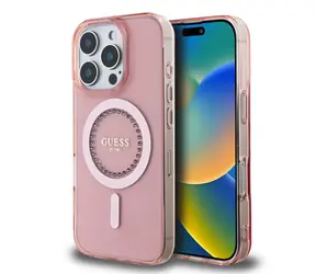 Guess IML Rhinestones Ring MagSafe Zadní Kryt pro Apple iPhone 16 Pro Max růžová