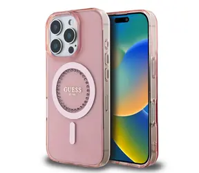 Guess IML Rhinestones Ring MagSafe Zadní Kryt pro Apple iPhone 16 Pro růžová