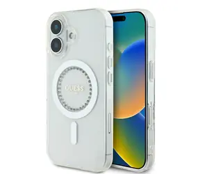 Guess IML Rhinestones Ring MagSafe Zadní Kryt pro Apple iPhone 16 bílá