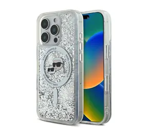 Karl Lagerfeld Liquid Glitter Karl and Choupette Heads MagSafe Zadní Kryt pro Apple iPhone 16 Pro čirá