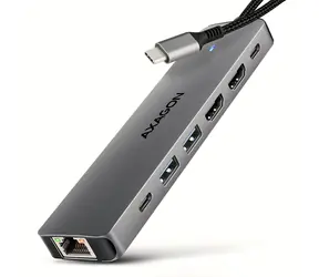 AXAGON HMC-7HX2, USB 5Gbps hub, 2x USB-A, USB-C, 2x HDMI 4k/60Hz, RJ-45 GLAN, PD 100W, kabel USB-C 15cm