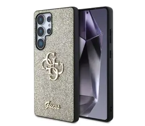 Guess PU Fixed Glitter 4G Metal Logo Zadní Kryt pro Samsung Galaxy S25 Ultra zlatá