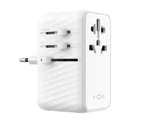 FIXED Cestovní adaptér Voyager 85W pro EU UK a USA/AUS s 4xUSB-C a 1xUSB výstupem GaN PD 85W bílý