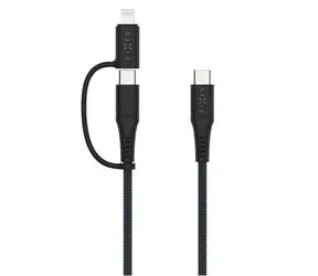 FIXED Nabíjecí a datový opletený kabel s konektory USB-C/USB-C a Lightning adaptérem PD 1.2m MFi PD 60W šedý