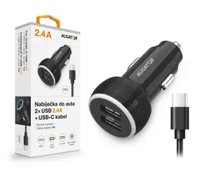 Aligator Nabíječka do auta ALIGATOR s USB-C kabelem a 2xUSB výstupem 2.4A /  černá