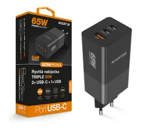 Aligator Rychlá nabíječka GaN / PD 65W / 2xUSB-C / 1xUSB-A / černá