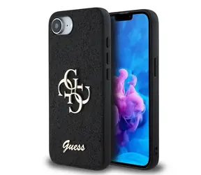 Guess PU Fixed Glitter 4G Metal Logo Zadní Kryt pro iPhone 16e černá