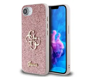 Guess PU Fixed Glitter 4G Metal Logo Zadní Kryt pro iPhone 16e růžová